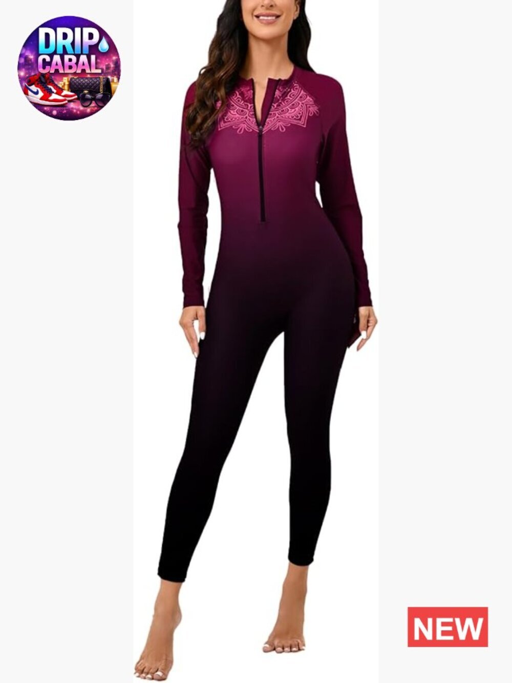 Full Body Rash Guard One Piece Front Zip Swimsuit Long Sleeve UPF 50